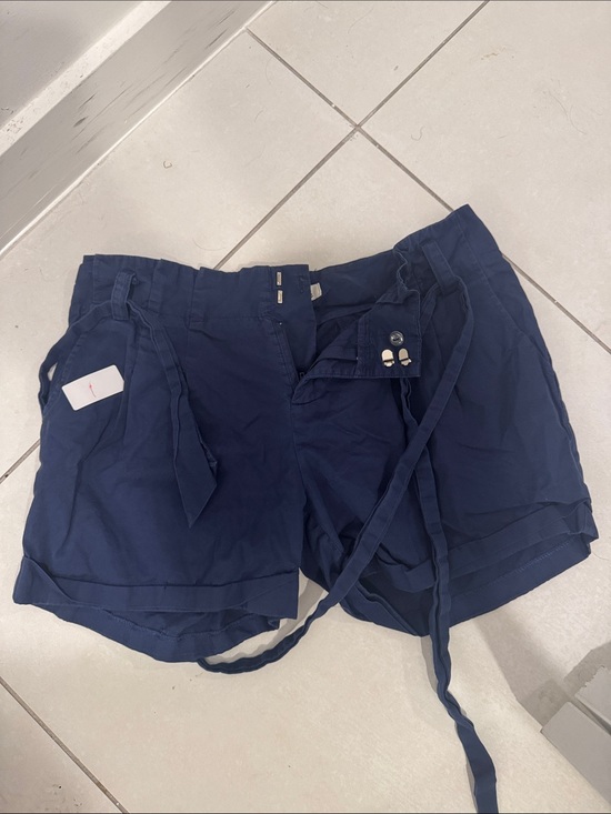 Annabella Pants - Annabella Navy High-Waist Tie-Waist Shorts